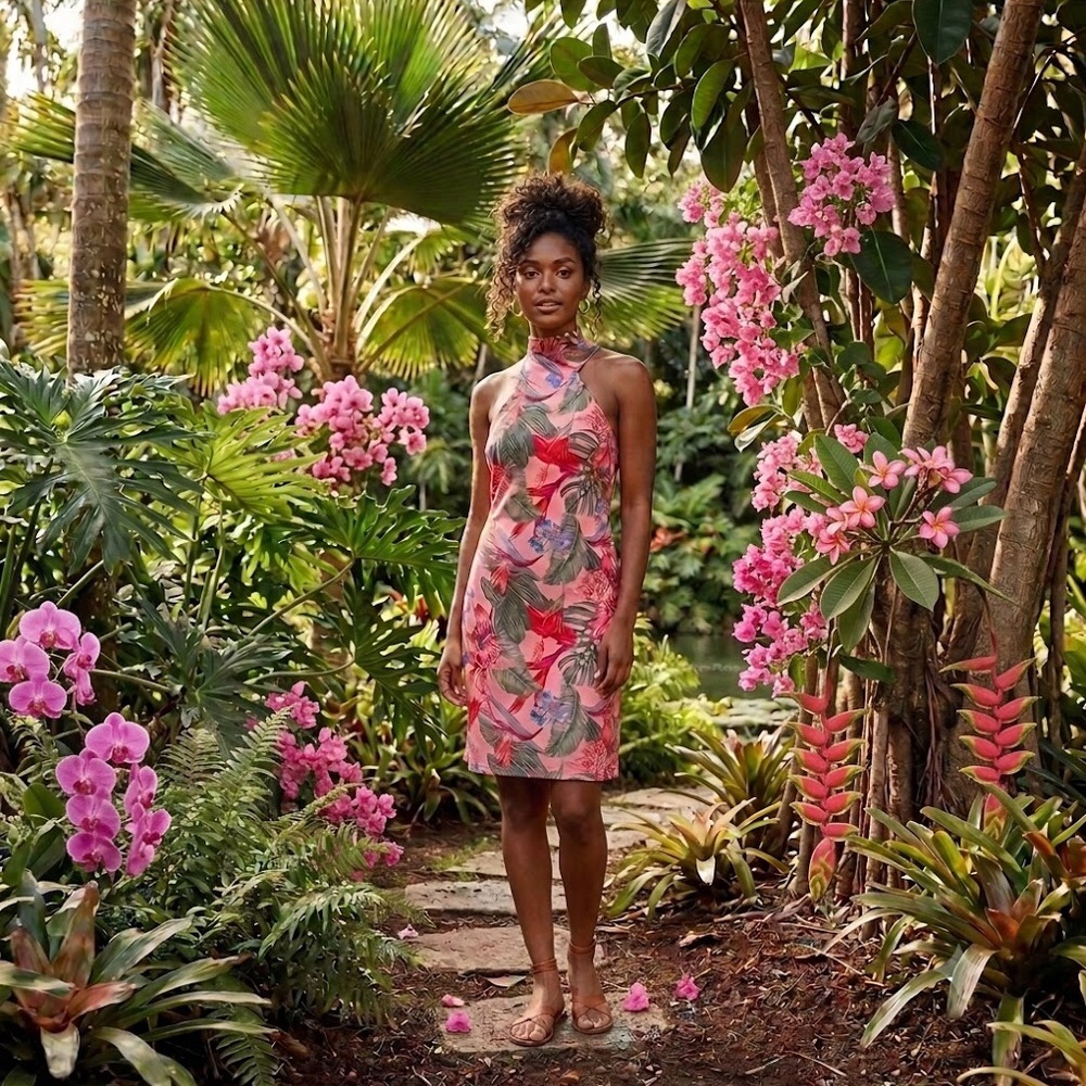 bebe Pink Tropical Halter Midi Dress